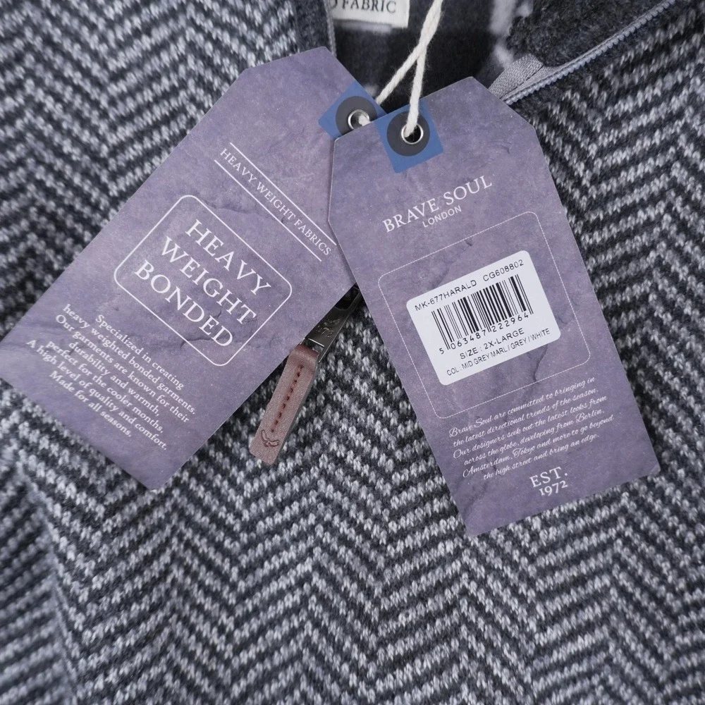 Brave Soul Quarter Zip‎ Pullover Mens 2XL Grey Herringbone Bonded Sweater NEW